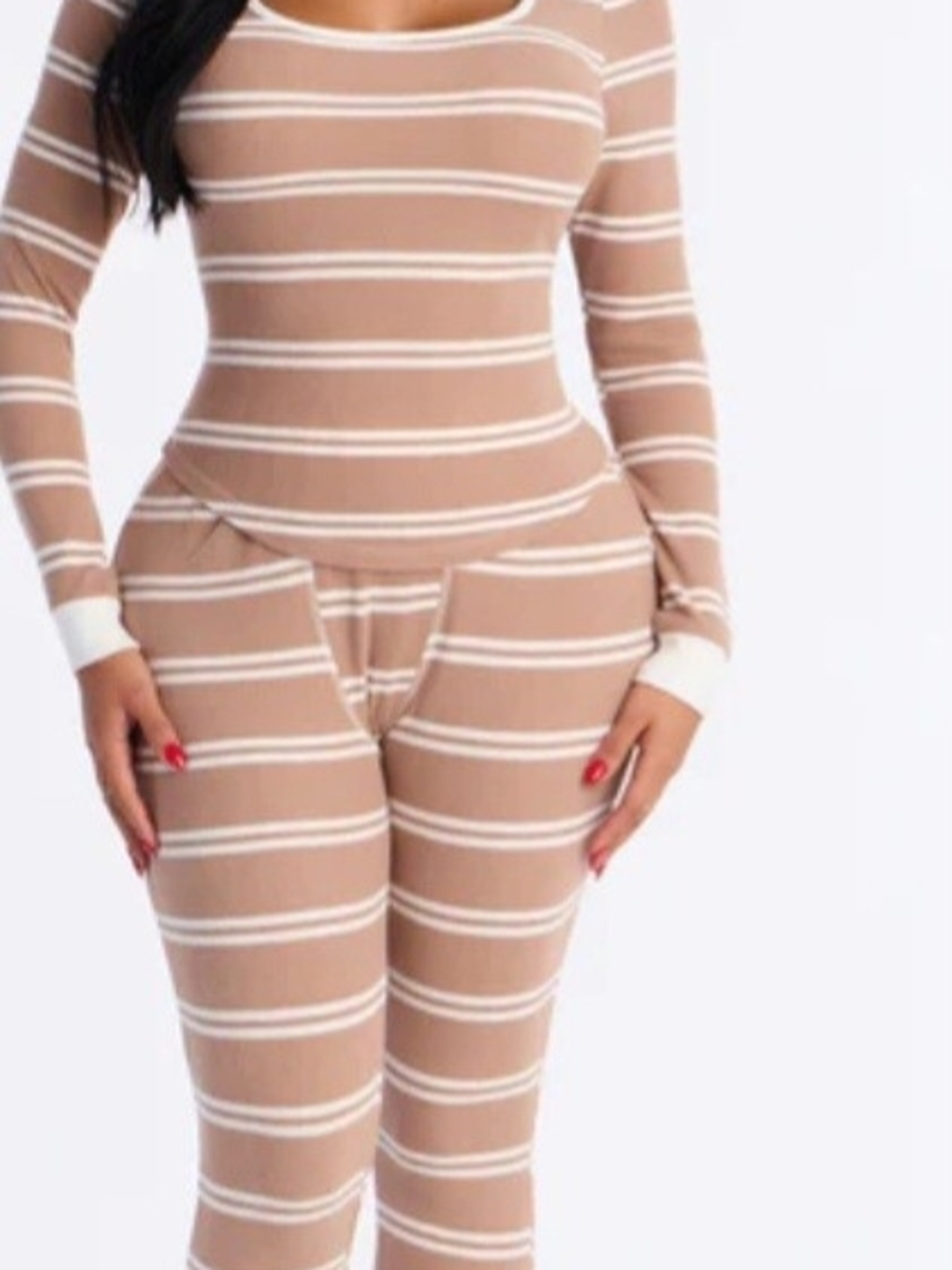 Striped Long-Sleeve Knit Pajama Set in Taupe and White